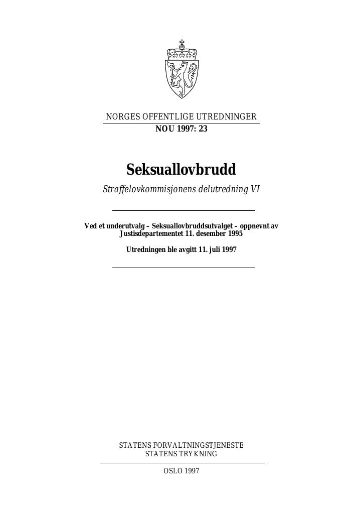 Forsiden av dokumentet NOU 1997: 23 - Seksuallovbrudd