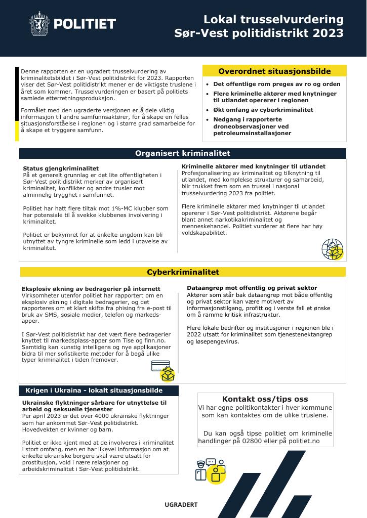 Forsiden av dokumentet Trusselvurdering Sør-Vest politidistrikt 2023