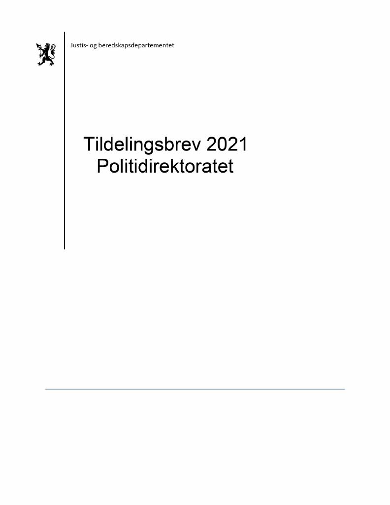 Forsiden av dokumentet Tildelingsbrev Politidirektoratet 2021
