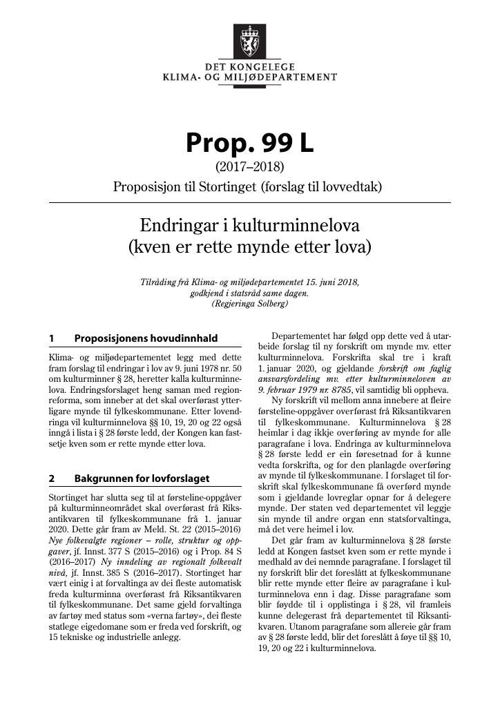 Forsiden av dokumentet Prop. 99 L (2017–2018)