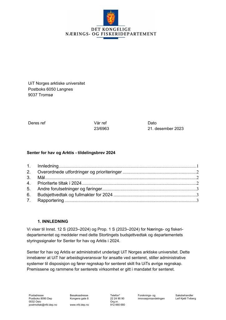 Forsiden av dokumentet Tildelingsbrev Senter for hav og Arktis