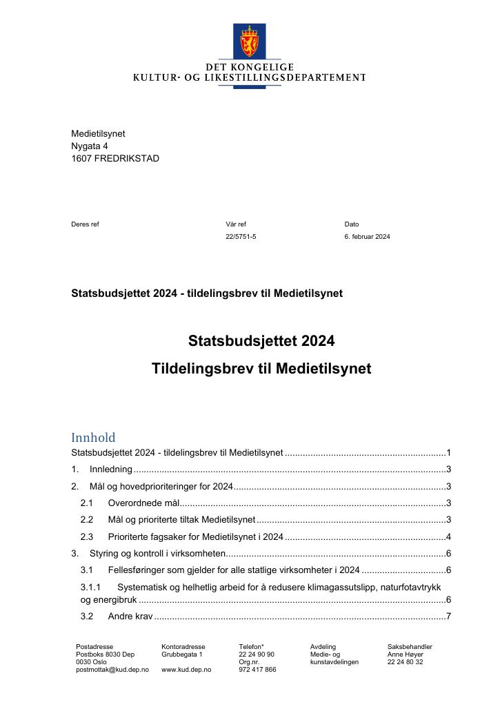 Forsiden av dokumentet Tildelingsbrev 2024 (.pdf)