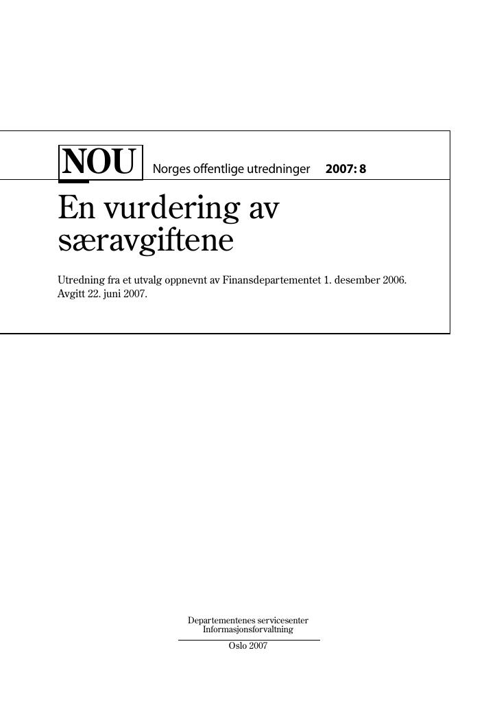 Forsiden av dokumentet NOU 2007: 8 - En vurdering av særavgiftene