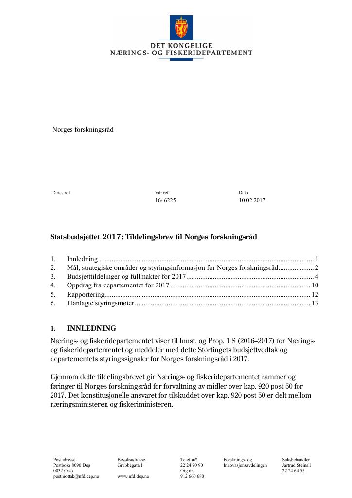 Forsiden av dokumentet Tildelingsbrev