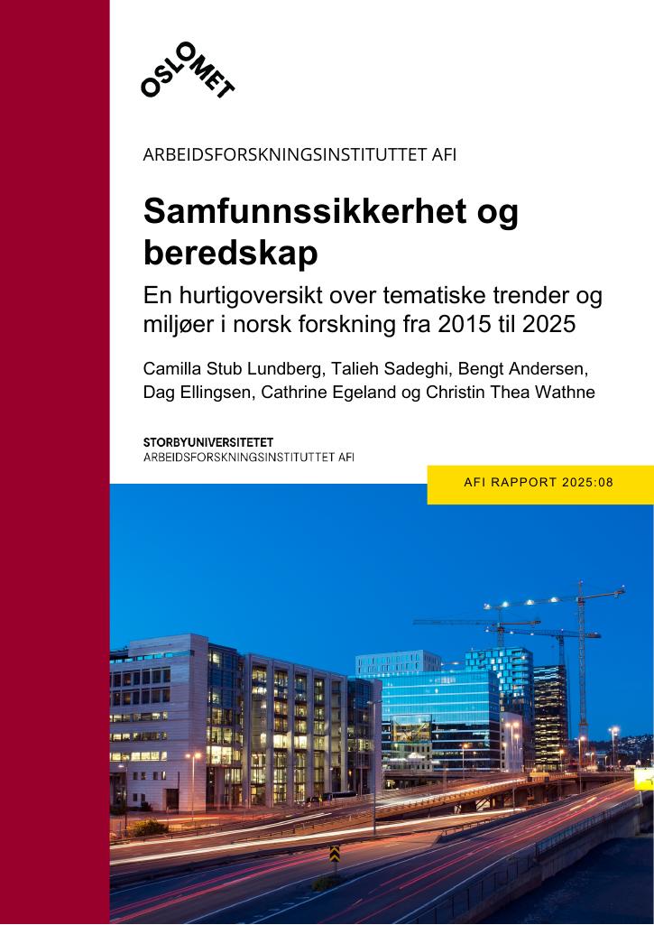 Forsiden av dokumentet Samfunnssikkerhet og beredskap: En hurtigoversikt over tematiske trender og miljøer i norsk forskning fra 2015 til 2025