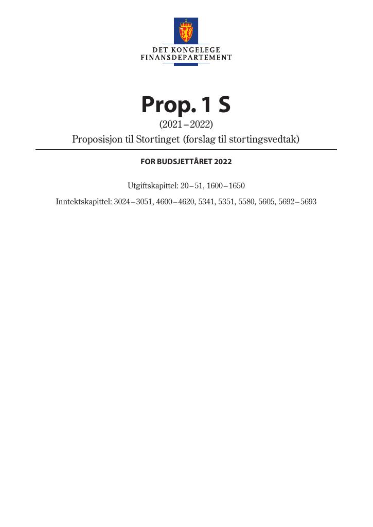 Forsiden av dokumentet Prop. 1 S (2021–2022)