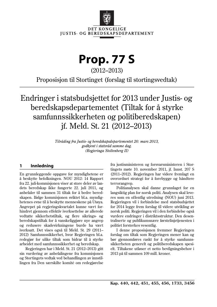 Forsiden av dokumentet Prop. 77 S (2012–2013)