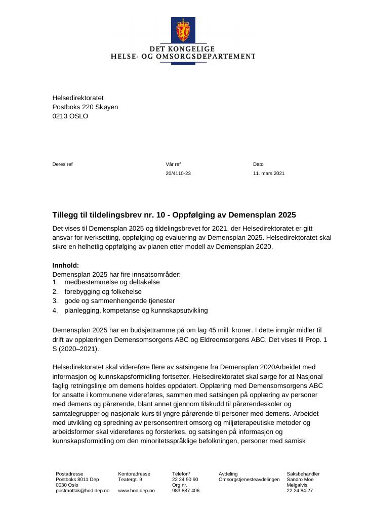 Forsiden av dokumentet Tildelingsbrev Helsedirektoratet 2021 - tillegg nr. 10