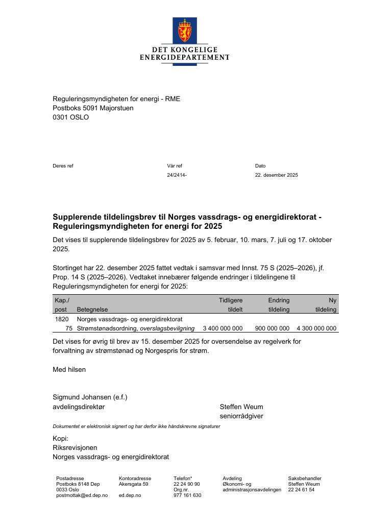 Forsiden av dokumentet Tildelingsbrev Reguleringsmyndigheten for energi (RME) 2025 - tillegg nr. 4