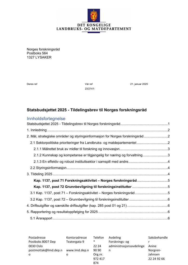 Forsiden av dokumentet Tildelingsbrev Norges forskningsråd 2025