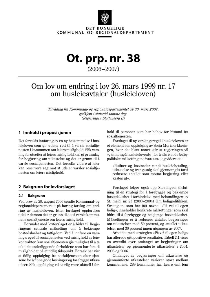 Forsiden av dokumentet Ot.prp. nr. 38 (2006-2007)