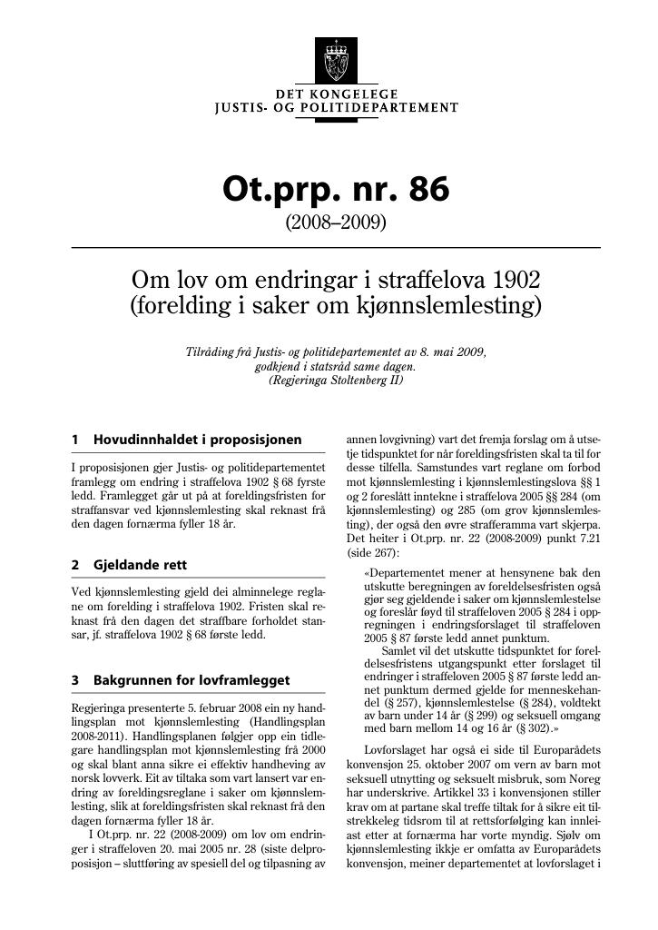 Forsiden av dokumentet Ot.prp. nr. 86 (2008-2009)