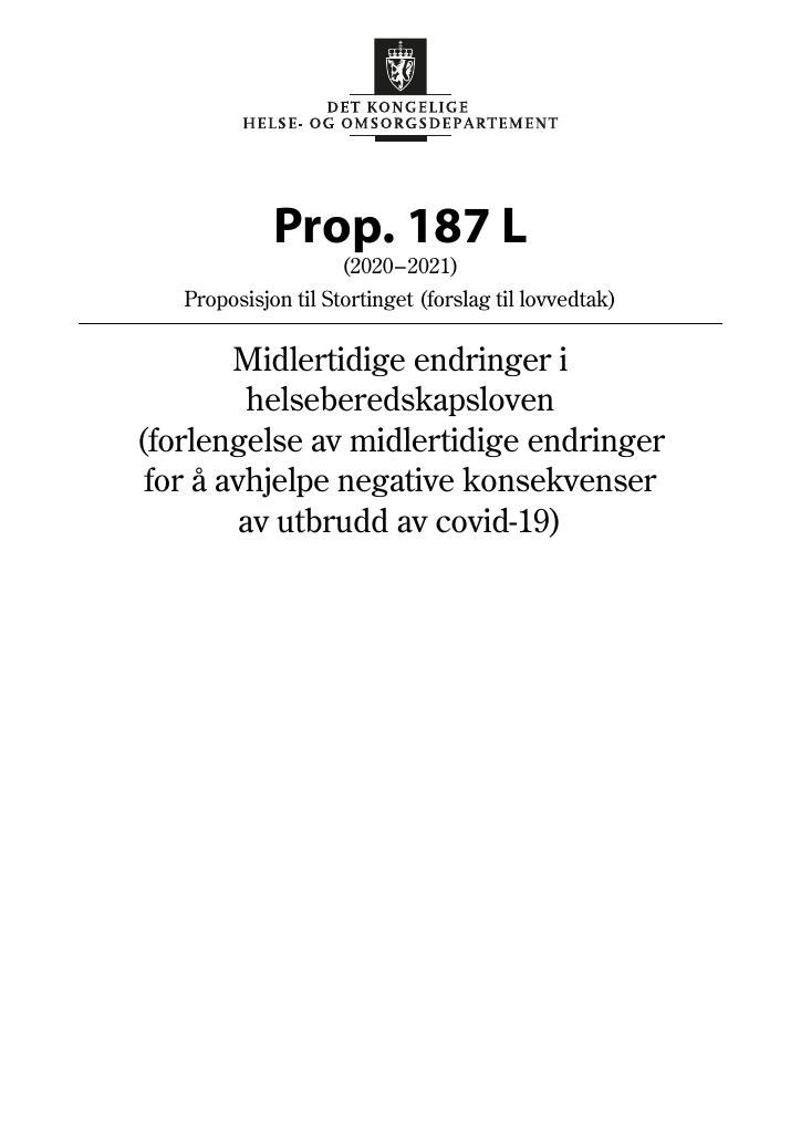 Forsiden av dokumentet Prop. 187 L (2020–2021)