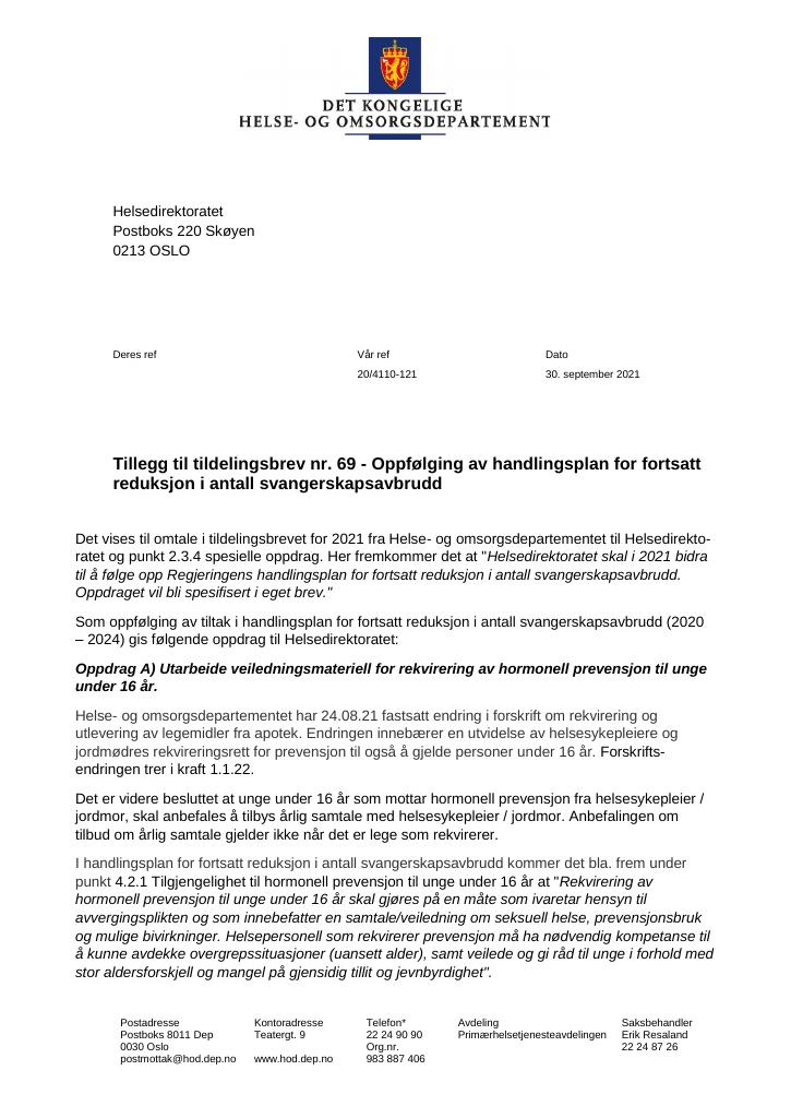 Forsiden av dokumentet Tildelingsbrev Helsedirektoratet 2021 - tillegg nr. 69