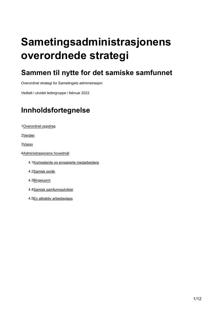 Forsiden av dokumentet Sametingsadministrasjonens
overordnede strategi