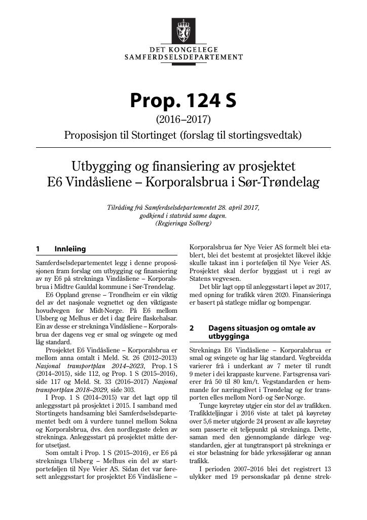 Forsiden av dokumentet Prop. 124 S (2016–2017)