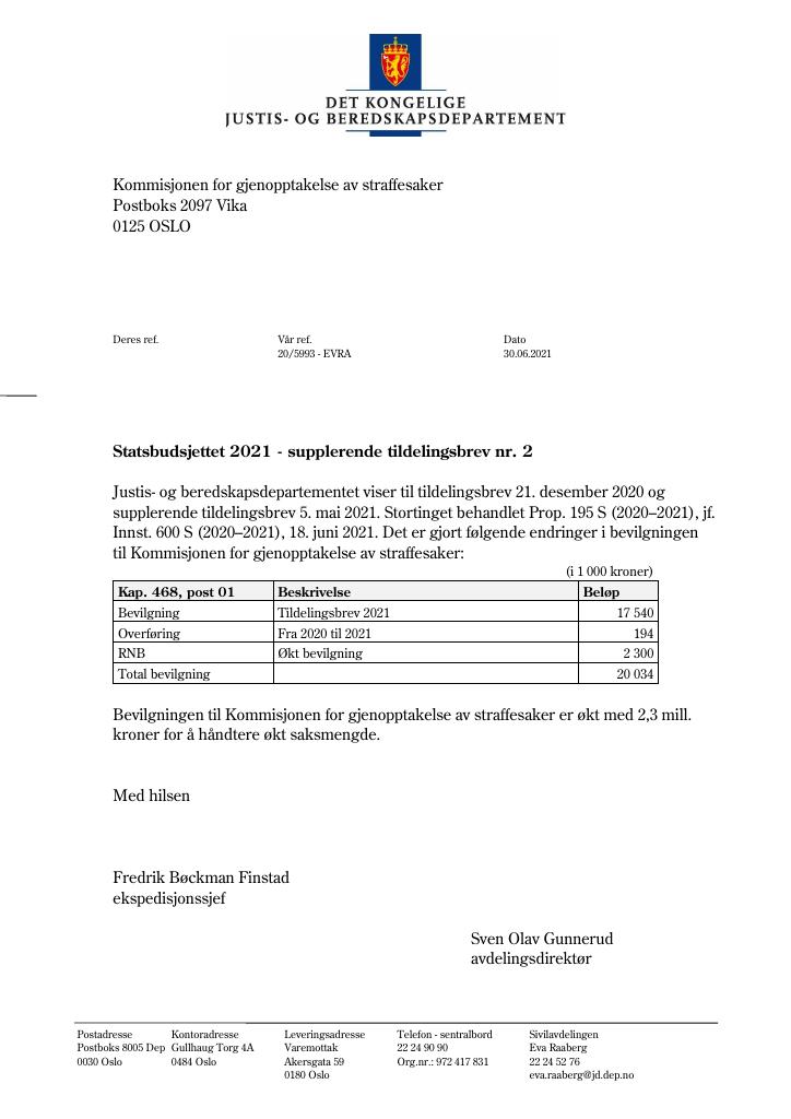 Forsiden av dokumentet Tildelingsbrev Kommisjonen for gjenopptakelse av straffesaker 2021 - tillegg nr. 2