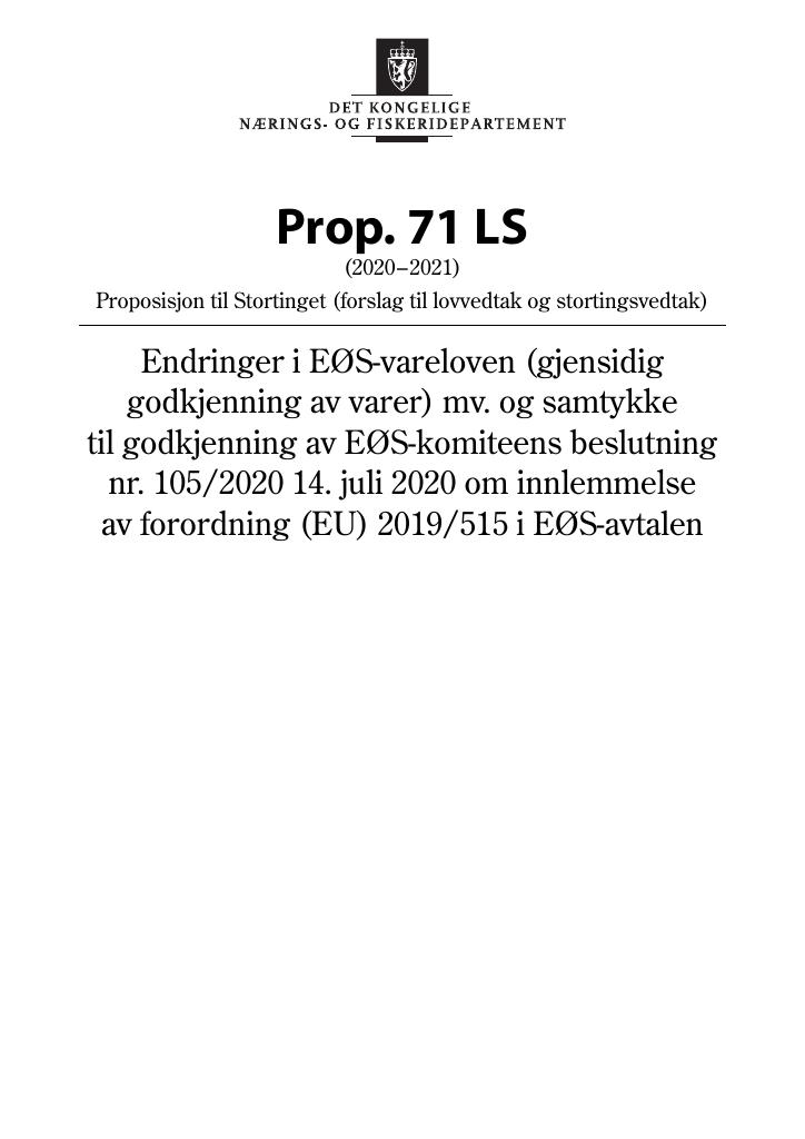 Forsiden av dokumentet Prop. 71 LS (2020–2021)