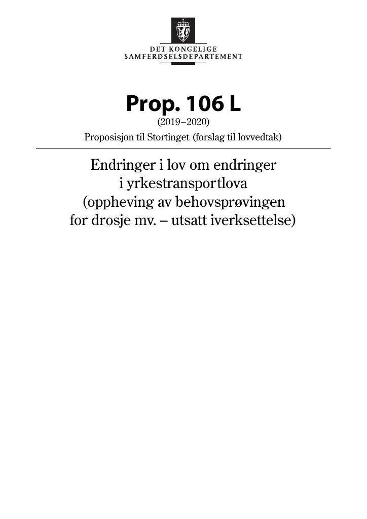 Forsiden av dokumentet Prop. 106 L (2019–2020)