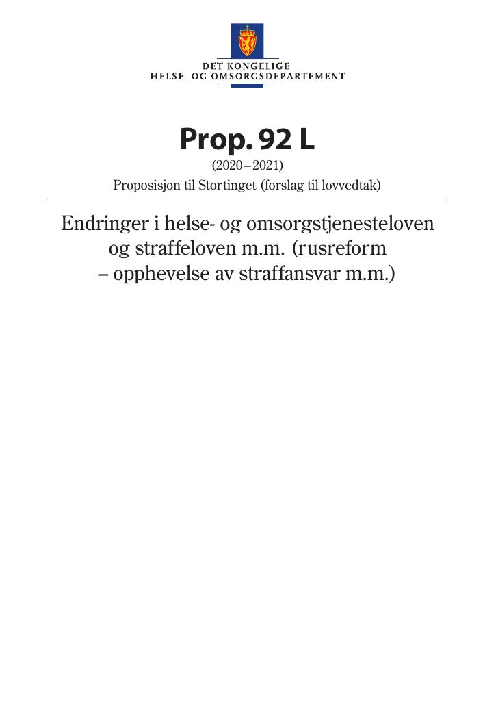 Forsiden av dokumentet Prop. 92 L (2020–2021)