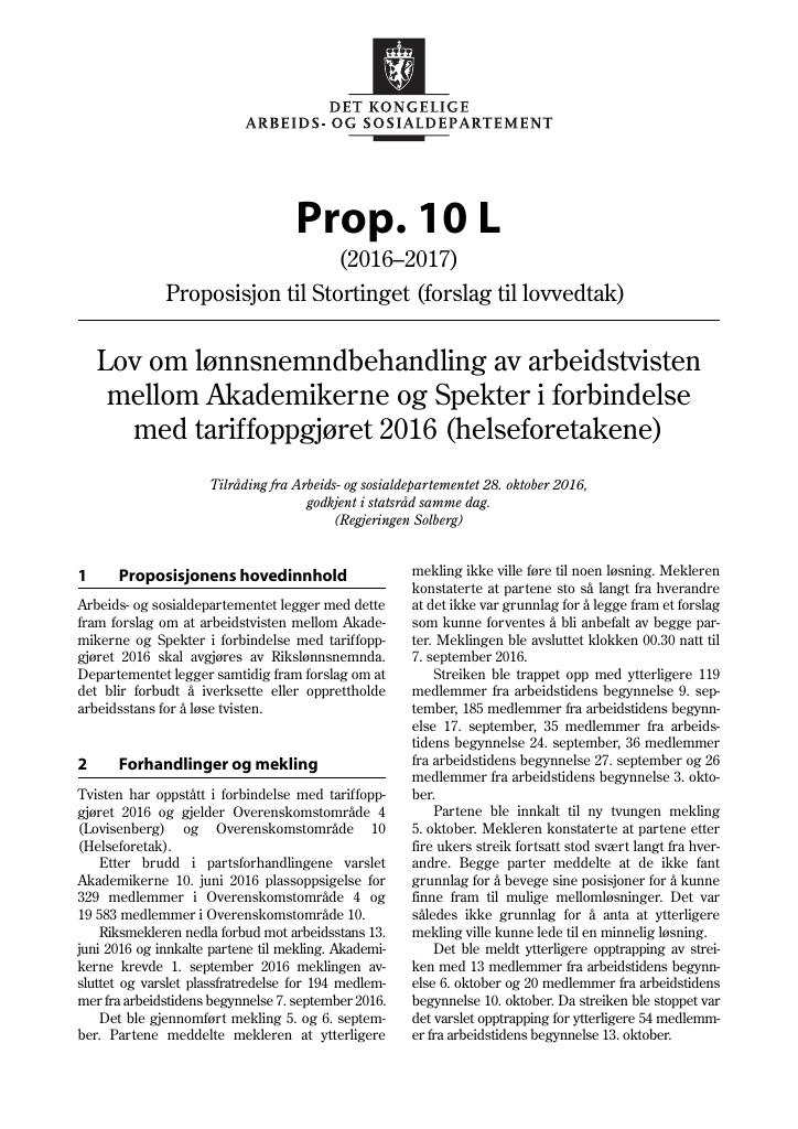 Forsiden av dokumentet Prop. 10 L (2016–2017)