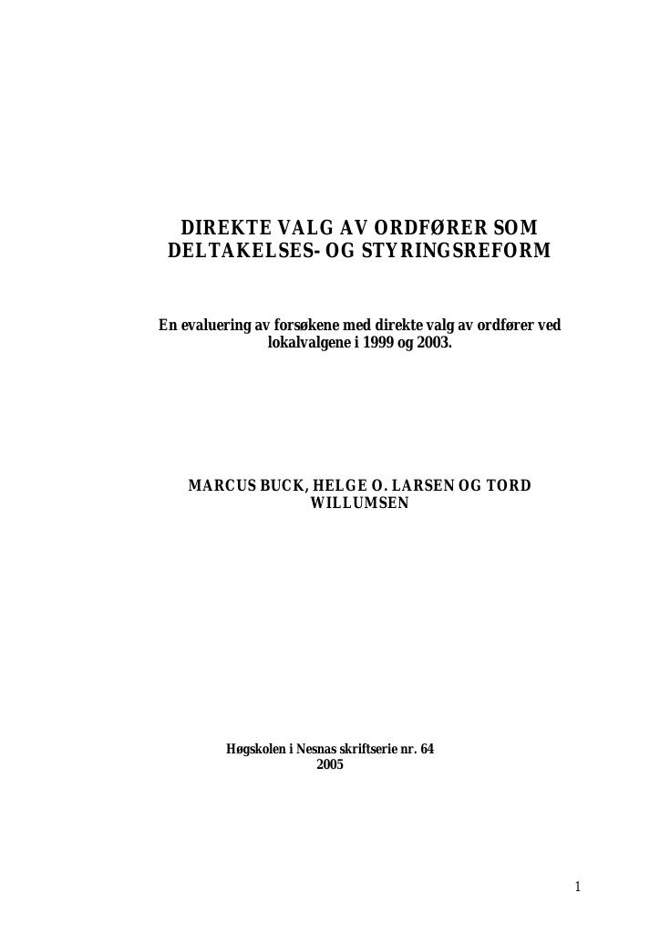 Forsiden av dokumentet Direkte valg av ordfører som deltakelses- og styringsreform