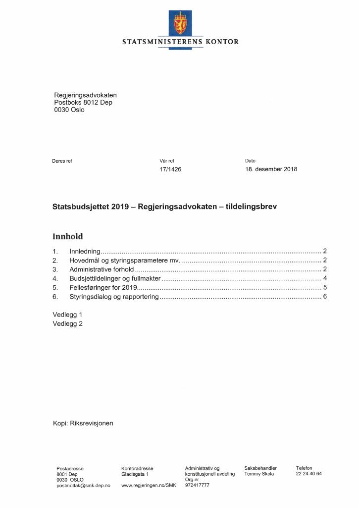 Forsiden av dokumentet Statsbudsjett 2019: Tildelingsbrev Regjeringsadvokaten