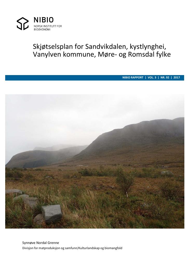 Forsiden av dokumentet Skjøtselsplan for Sandvikdalen, kystlynghei, Vanylven kommune, Møre- og Romsdal fylke