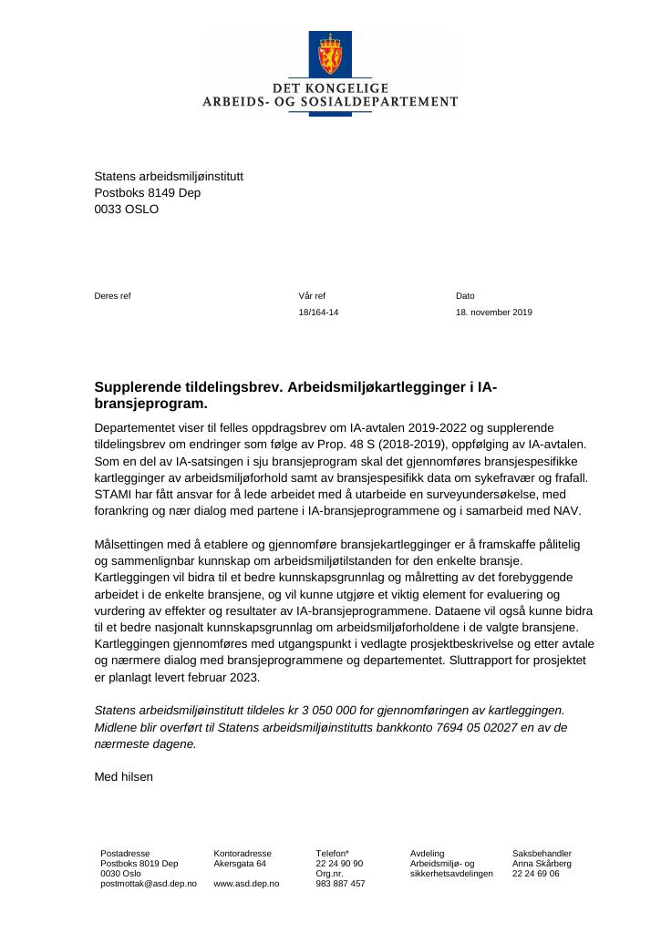 Forsiden av dokumentet Tildelingsbrev Statens arbeidsmiljøinstitutt (STAMI) 2019 - tillegg nr. 1