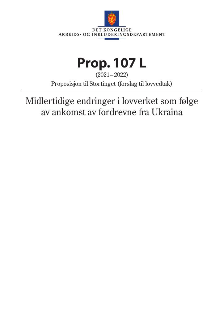 Forsiden av dokumentet Prop. 107 L (2021–2022)
