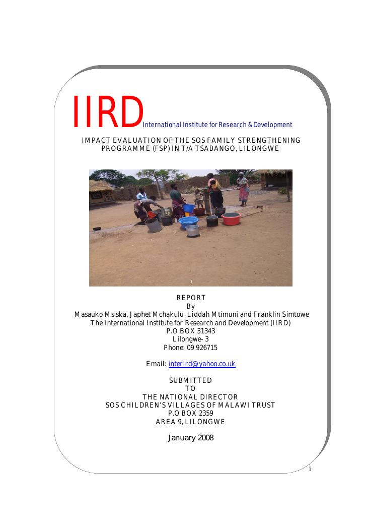 Forsiden av dokumentet Impact Evaluation of the SOS Family Strengthening Programme in T/A Tsabango, Lilongwe, Malawi