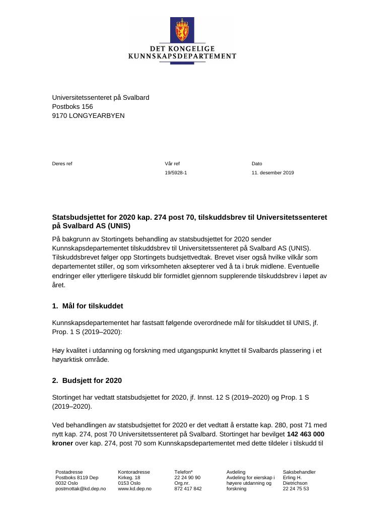 Forsiden av dokumentet Tilskuddsbrev 2020