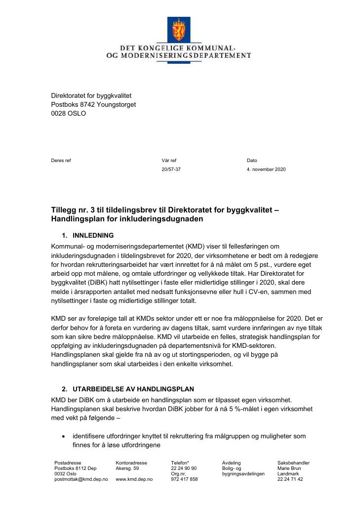Forsiden av dokumentet Tillegg nr. 3 til tildelingsbrev DiBK 2020 (pdf)