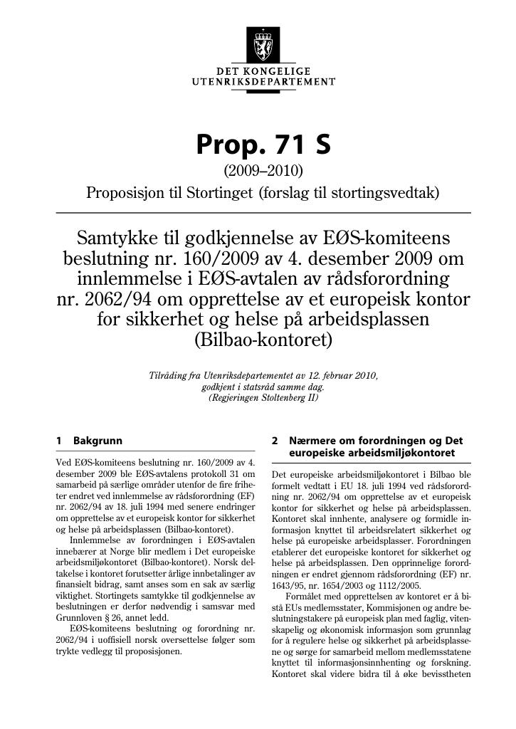 Forsiden av dokumentet Prop. 71 S (2009-2010)
