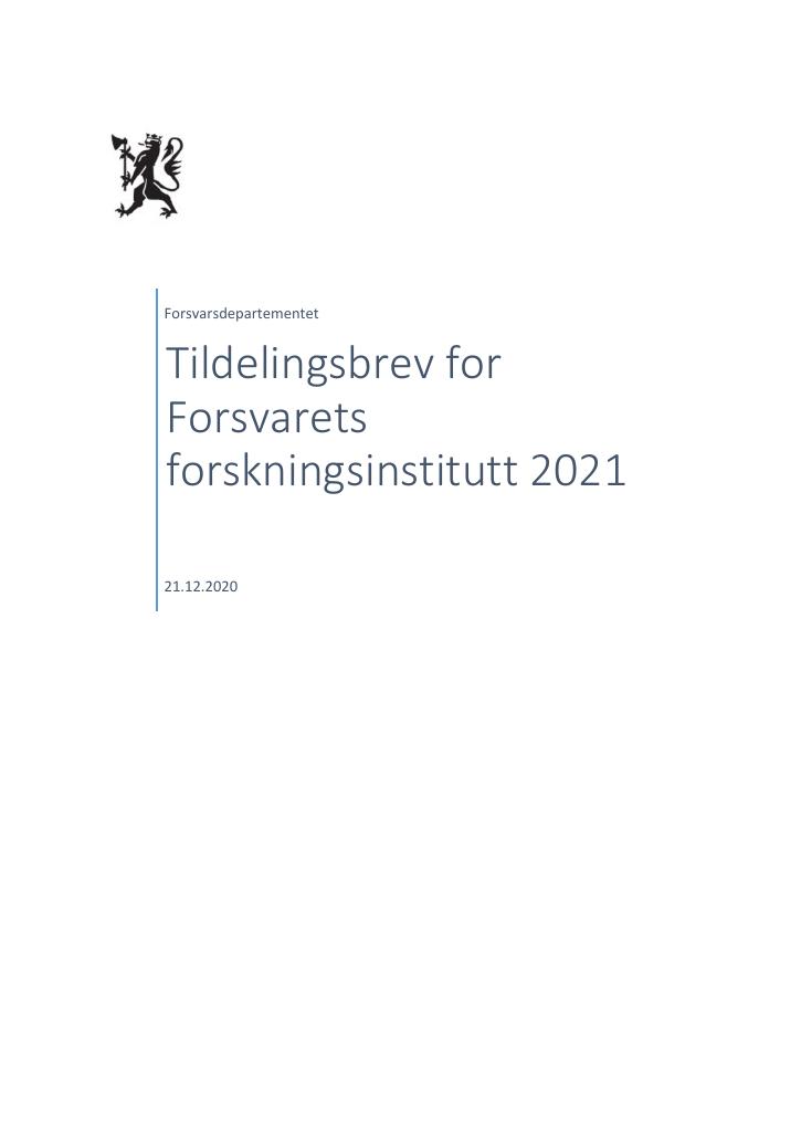 Forsiden av dokumentet Tildelingsbrev Forsvarets forskningsinstitutt 2021