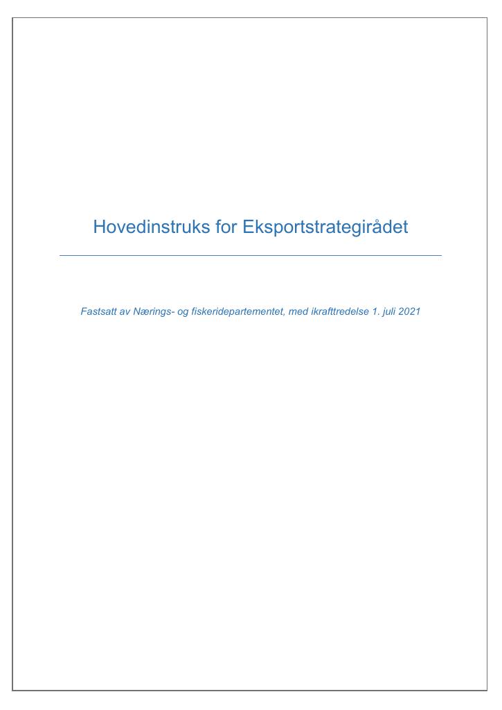 Forsiden av dokumentet Hovedinstruks Eksportstrategirådet 2021