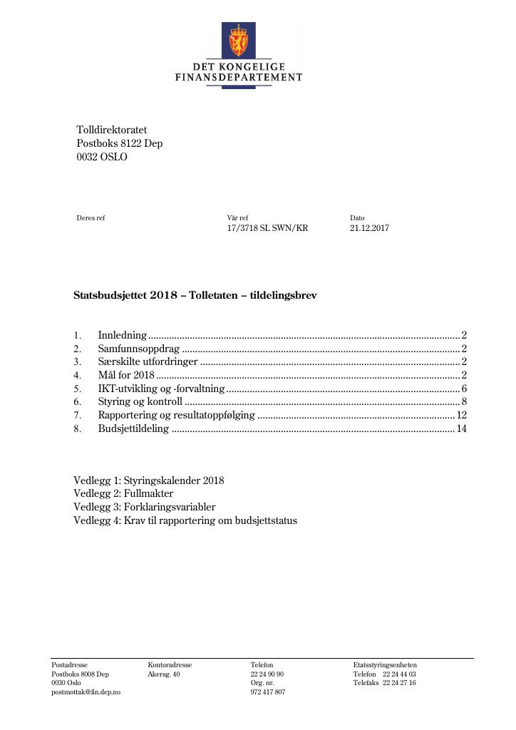 Forsiden av dokumentet Tildelingsbrev (pdf)