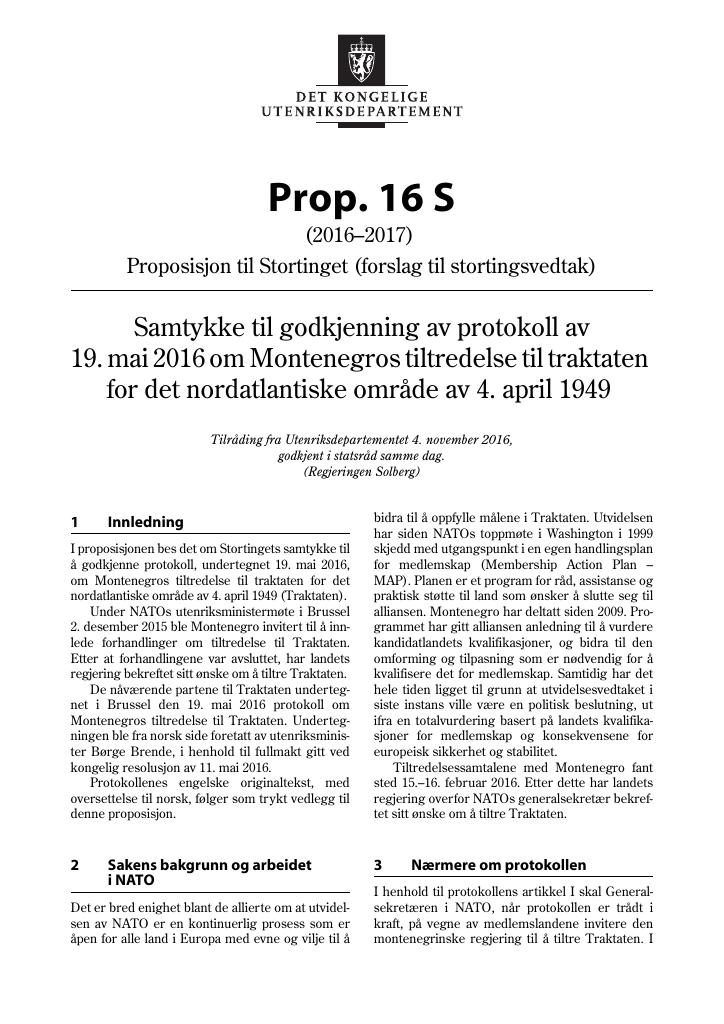 Forsiden av dokumentet Prop. 16 S (2016–2017)