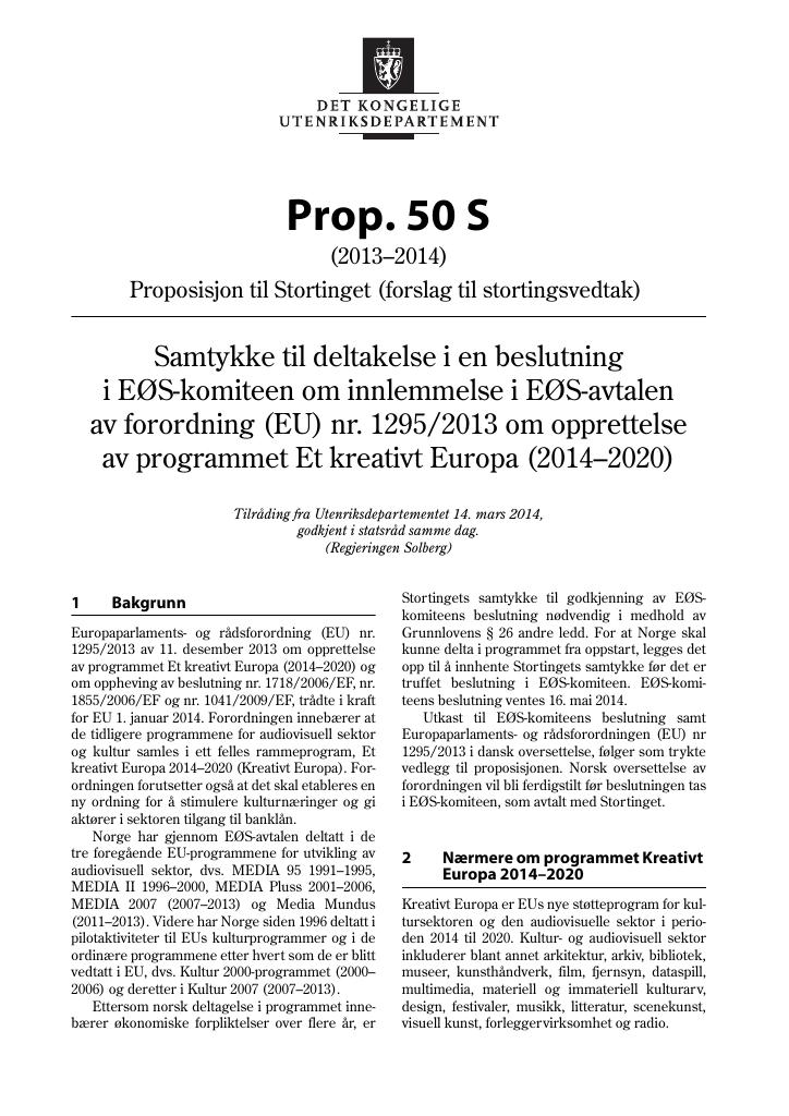 Forsiden av dokumentet Prop. 50 S (2013–2014)