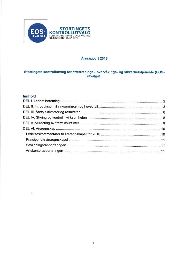 Forsiden av dokumentet Årsrapport EOS-utvalget 2018