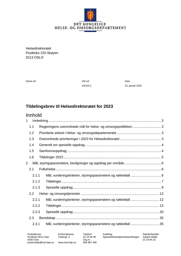 Forsiden av dokumentet Tildelingsbrev Helsedirektoratet 2023