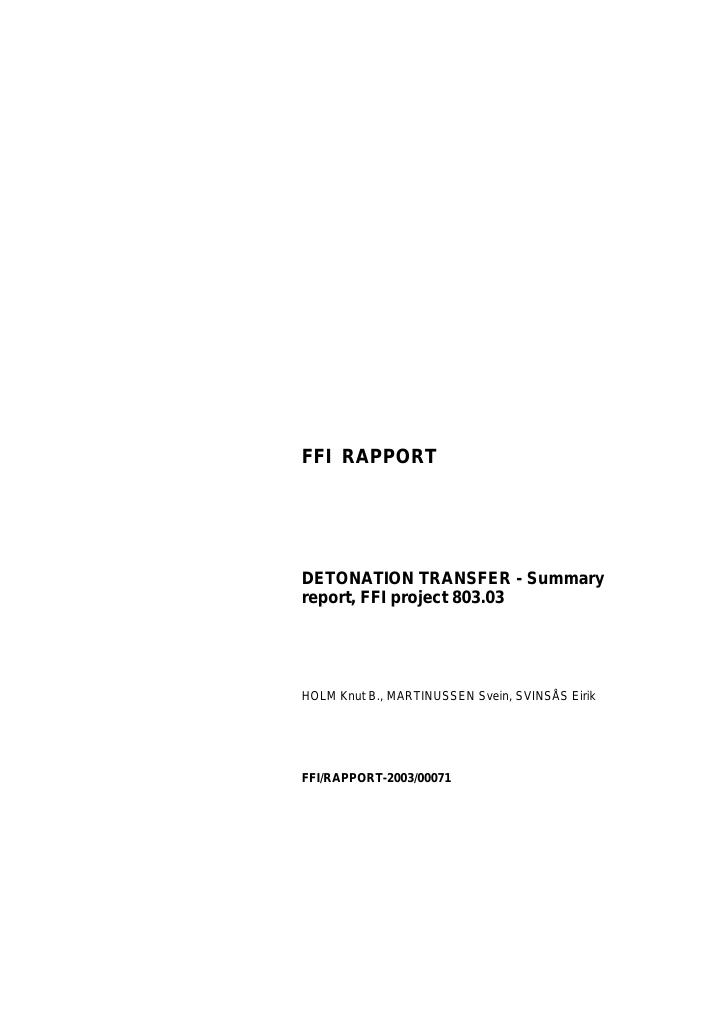 Forsiden av dokumentet Detonation transfer : summary report, FFI project 803.03