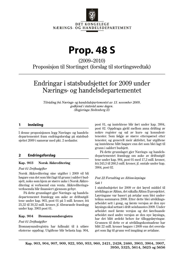 Forsiden av dokumentet Prop. 48 S (2009–2010)