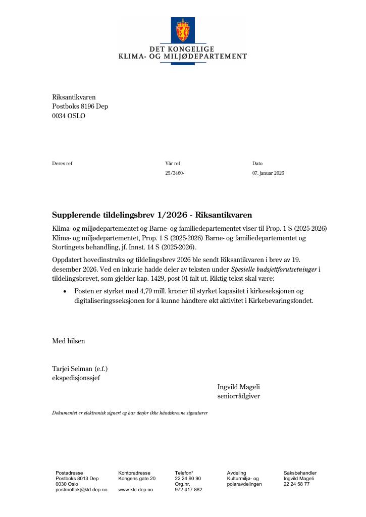 Forsiden av dokumentet Tildelingsbrev Riksantikvaren 2026 - tillegg nr. 1