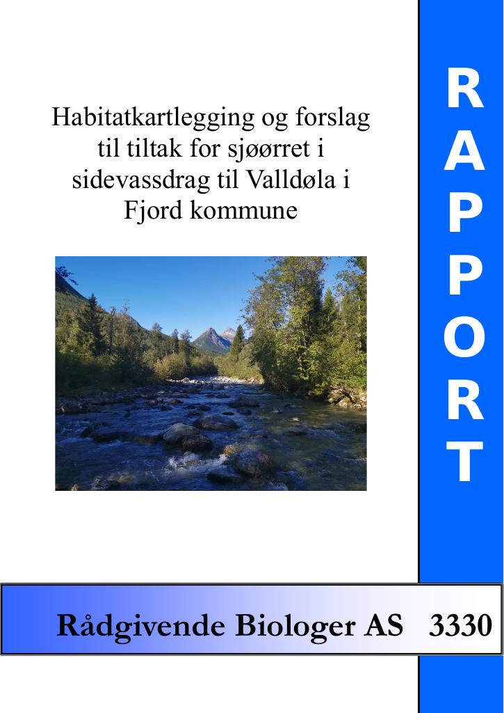 Forsiden av dokumentet Habitatkartlegging og forslag til tiltak for sjøørret i sidevassdrag til Valldøla i Fjord kommune
