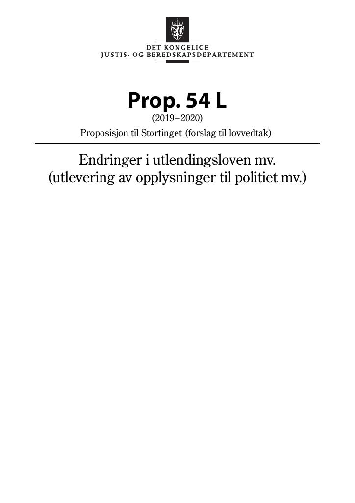 Forsiden av dokumentet Prop. 54 L (2019–2020)