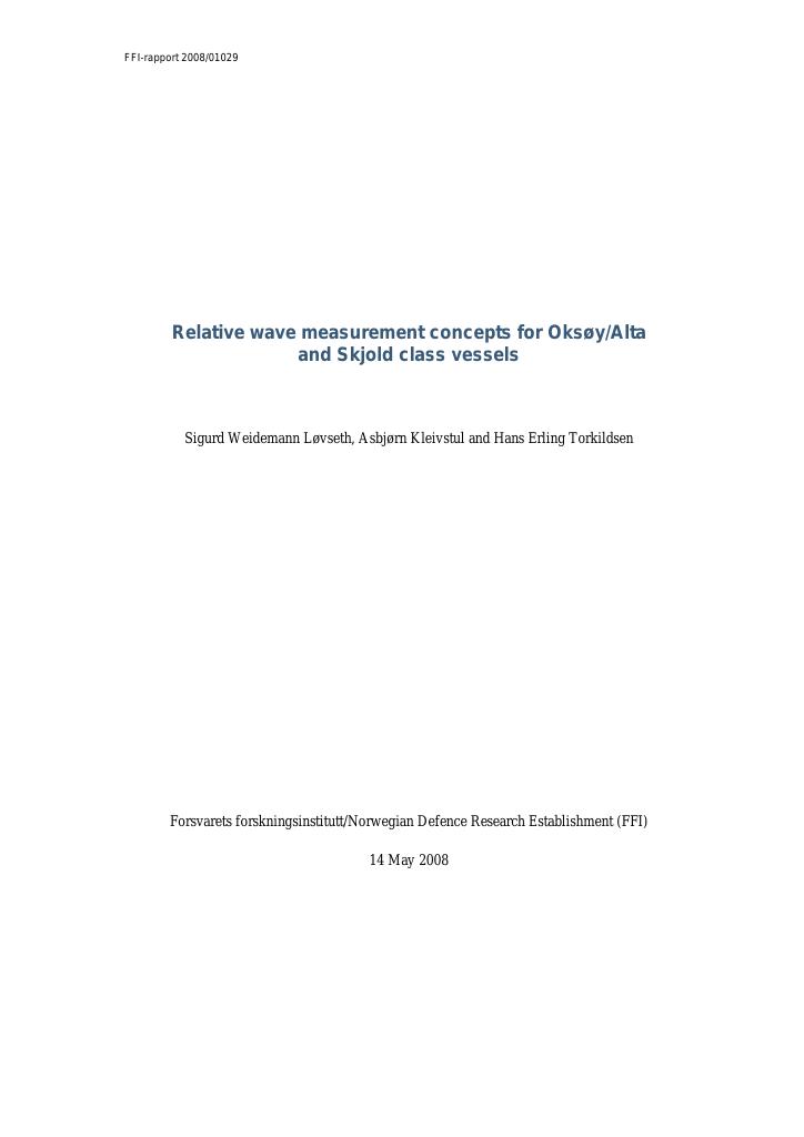 Forsiden av dokumentet Relative wave measurement concepts for Oksøy Alta and Skjold class vessels