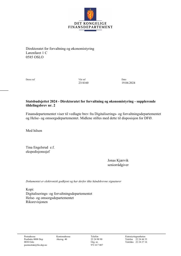 Forsiden av dokumentet Tildelingsbrev Direktoratet for forvaltning og økonomistyring 2024 - tillegg nr. 2