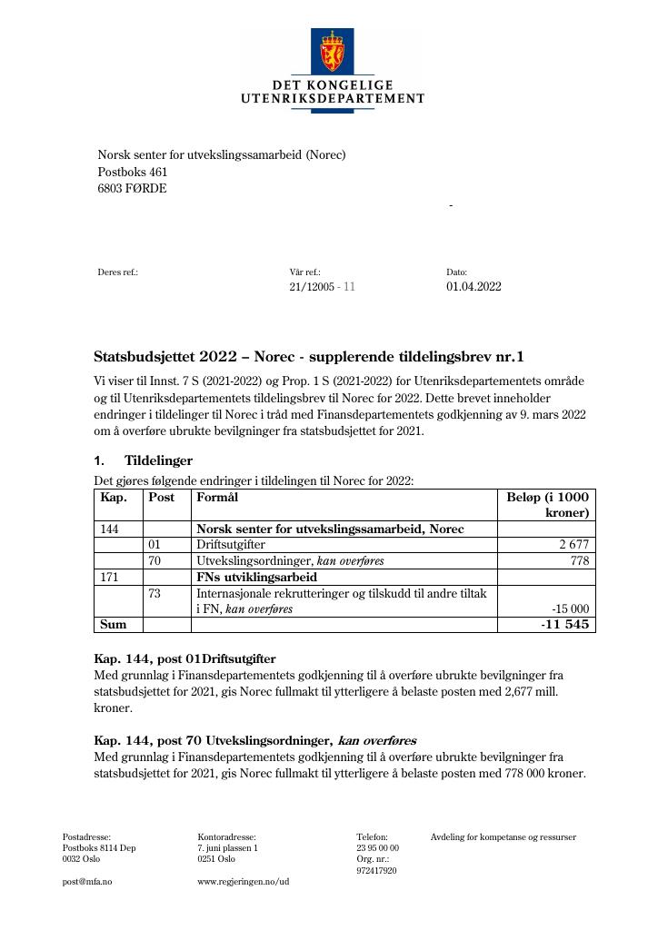 Tildelingsbrev Norec 2022 - Tillegg Nr. 1 - Kudos