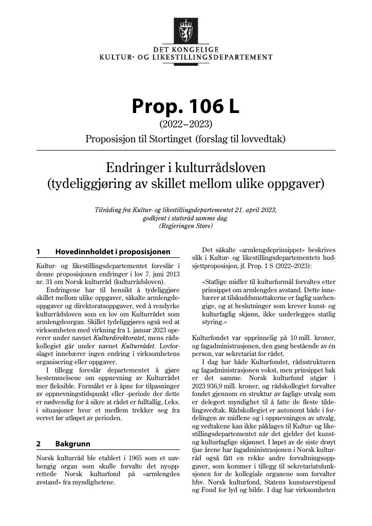 Forsiden av dokumentet Prop. 106 L (2022–2023)